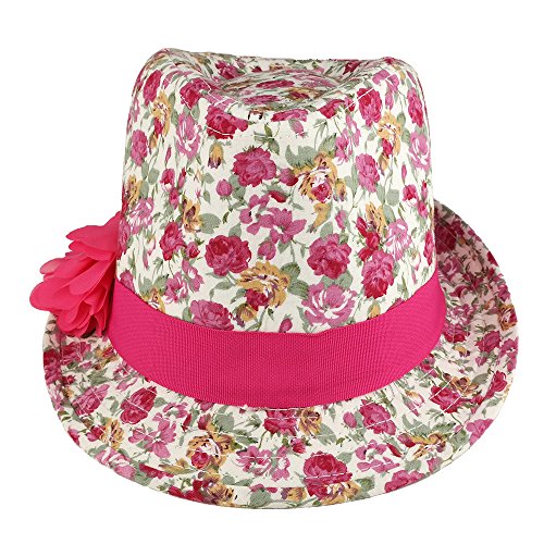 Trendy Apparel Shop Girl's Rose Floral Print Fedora Hat with Flower Hat Band