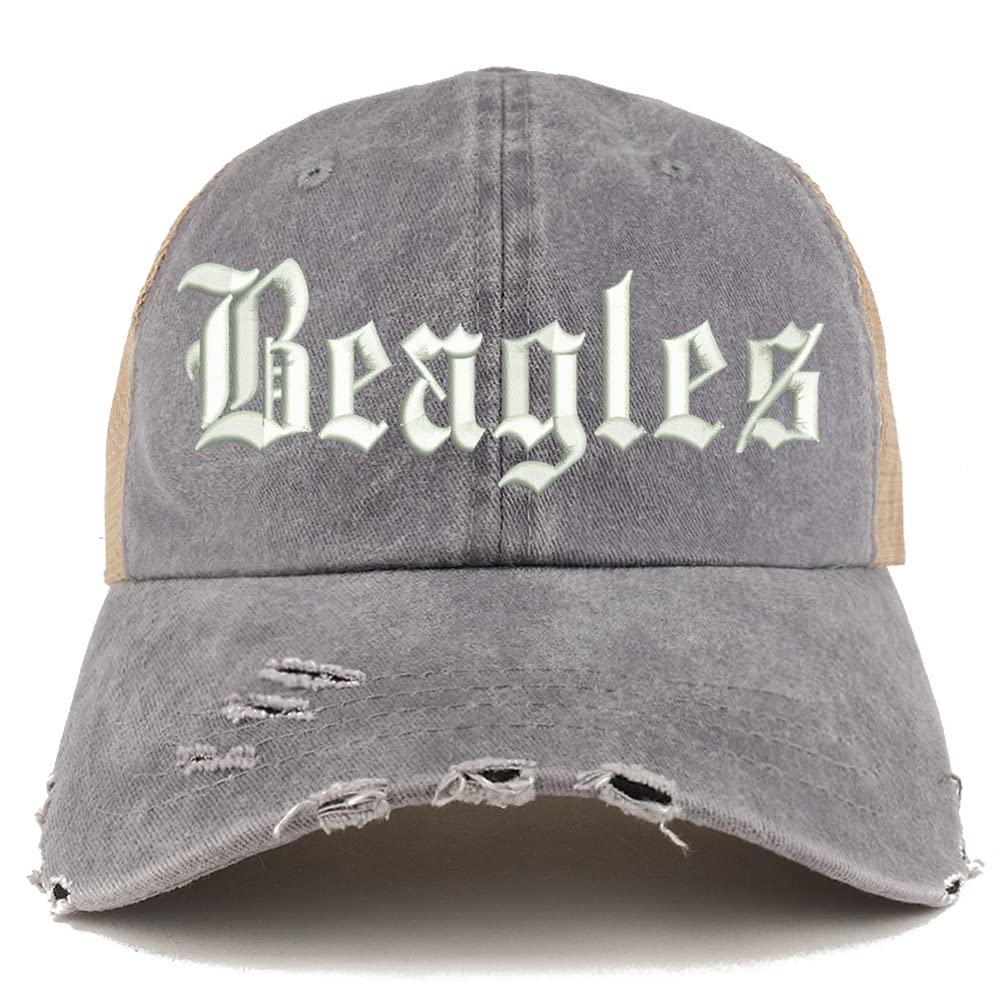 Trendy Apparel Shop Old English Beagles Frayed Bill Trucker Mesh Back Cap