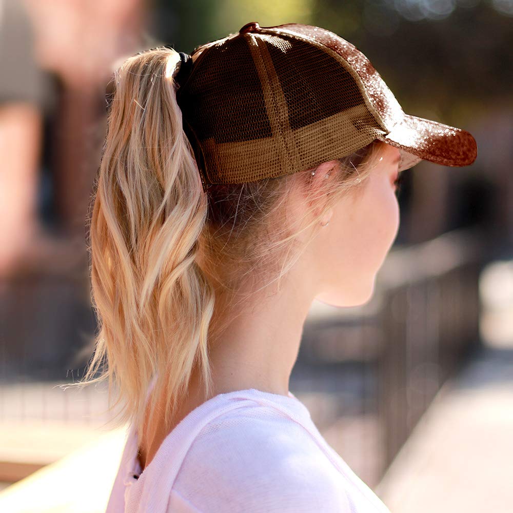Trendy Apparel Shop Ladies Ponytail Structured Metallic Glitter Mesh Trucker Cap