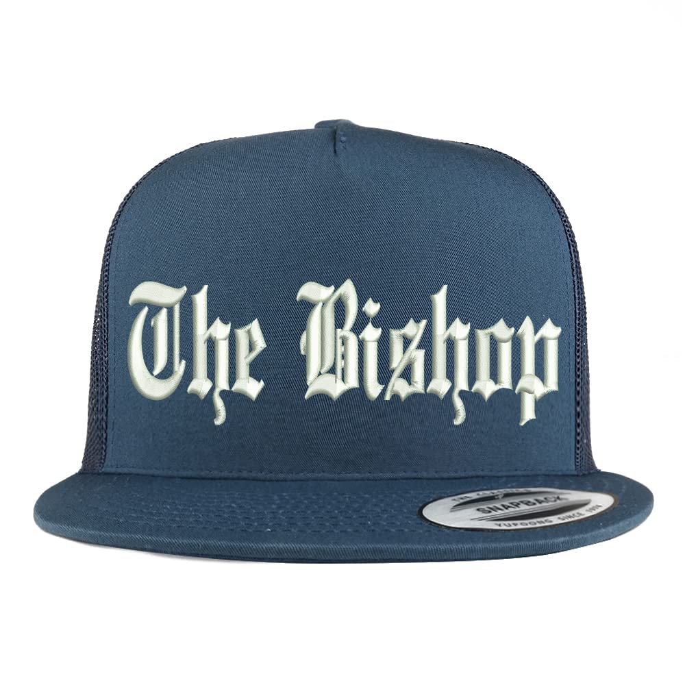 Trendy Apparel Shop The Bishop Old English Embroidered 5 Panel Flatbill Trucker Cap