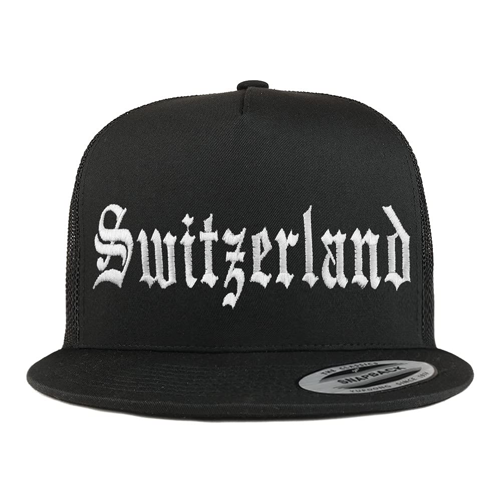 Trendy Apparel Shop Switzerland Old English 5 Panel Flatbill Trucker Cap