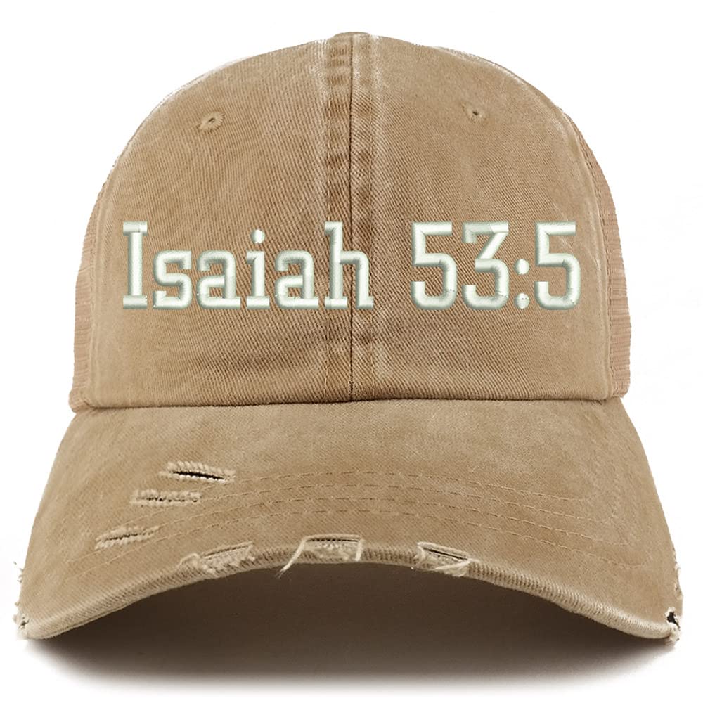 Trendy Apparel Shop Isaiah 53:5 Frayed Bill Trucker Mesh Back Cap