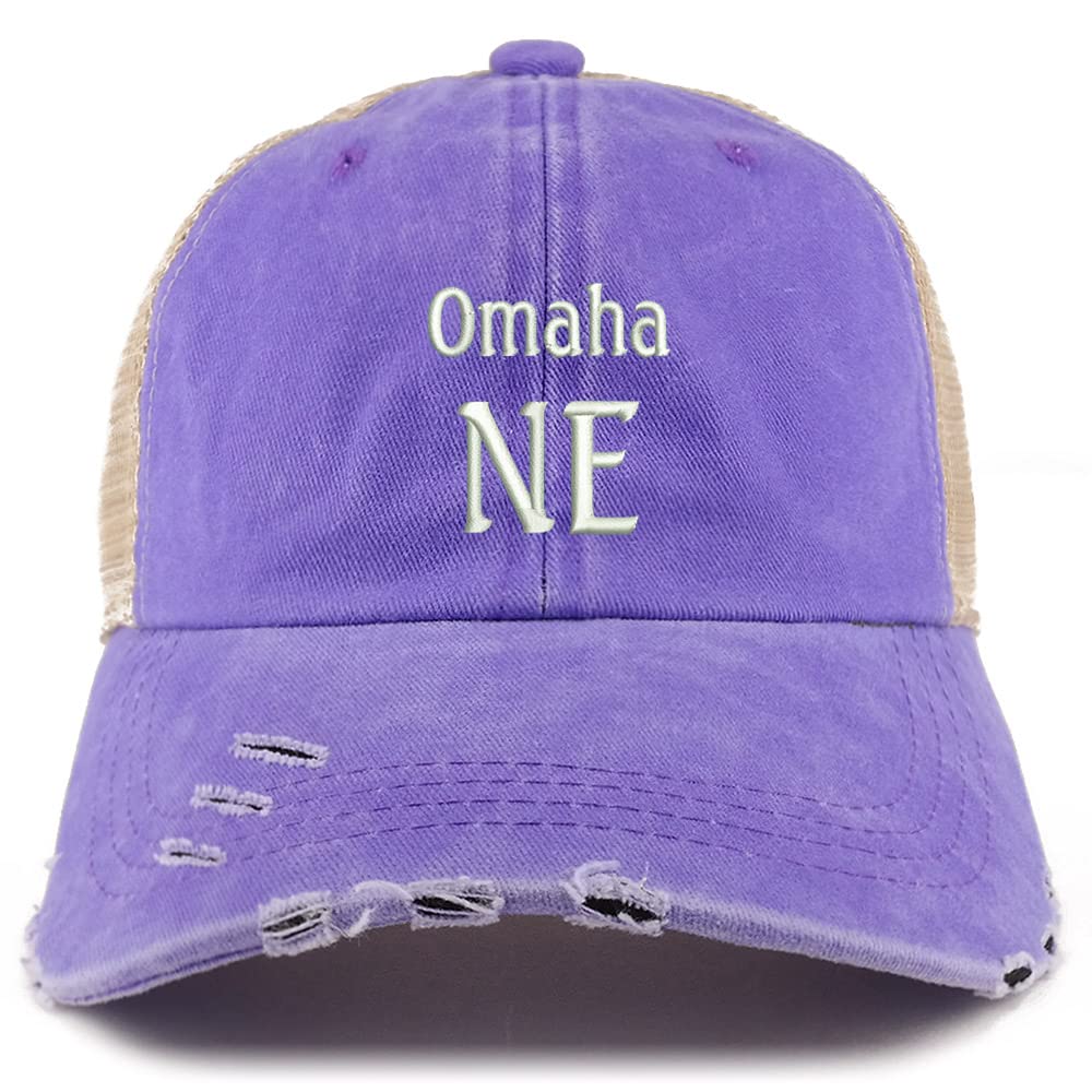 Trendy Apparel Shop Omaha NE Embroidered Frayed Bill Trucker Mesh Back Cap