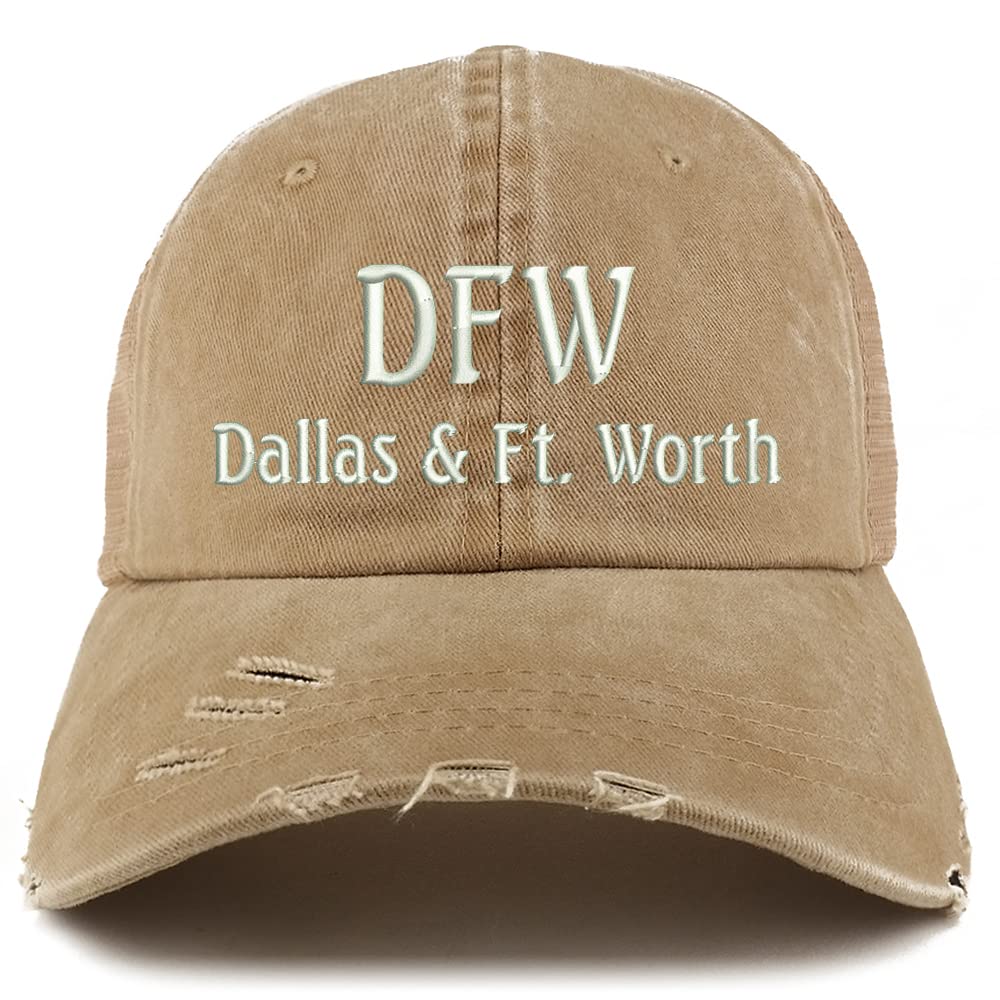 Trendy Apparel Shop DFW Dallas and Fort Worth Embroidered Frayed Bill Trucker Mesh Back Cap