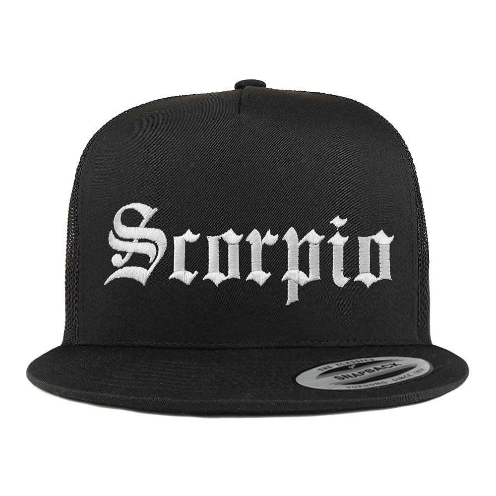 Trendy Apparel Shop Scorpio Old English 5 Panel Flatbill Trucker Cap