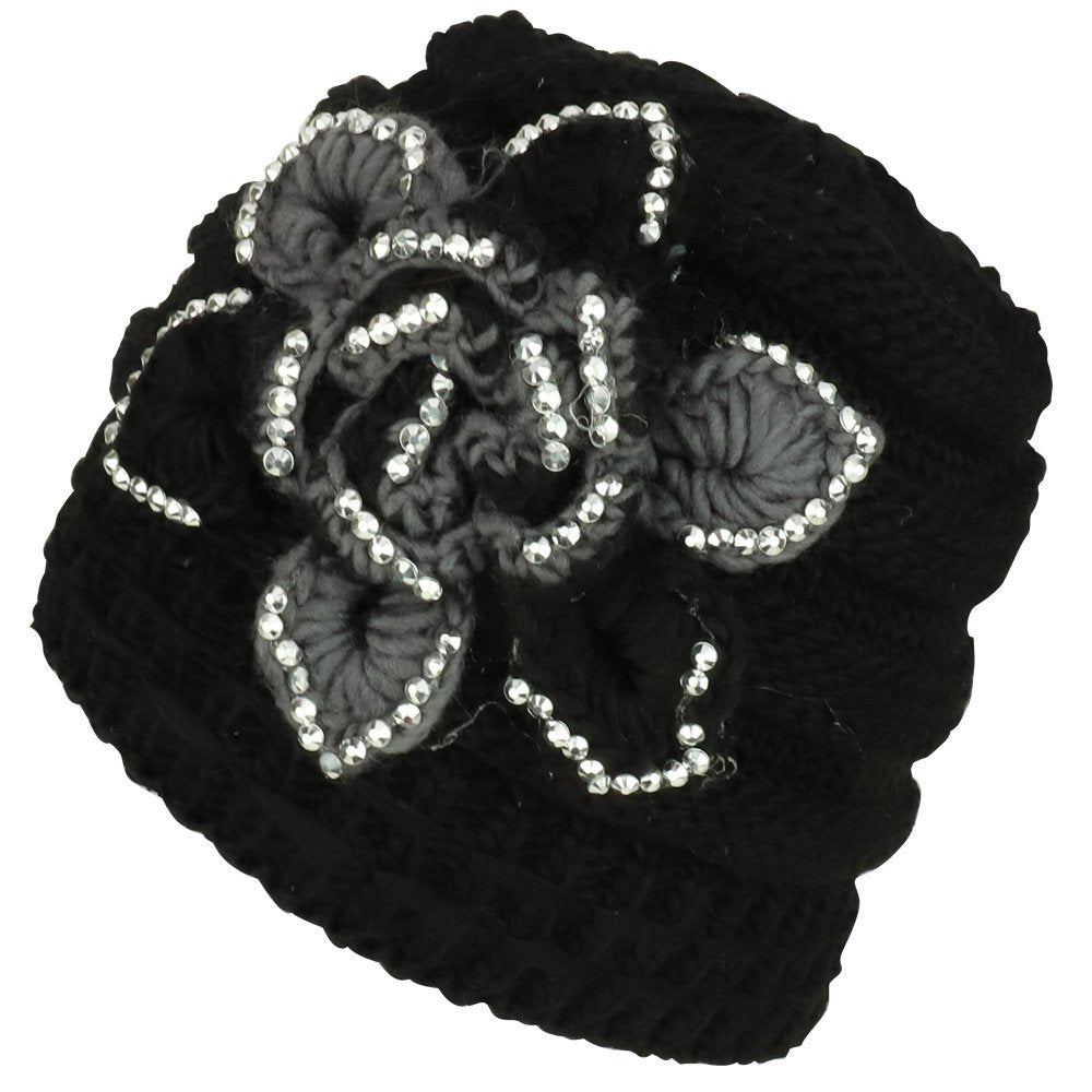 Trendy Apparel Shop Studded Floral Knitted Fleece Lined Beanie and Knit Scarf Set 2PC