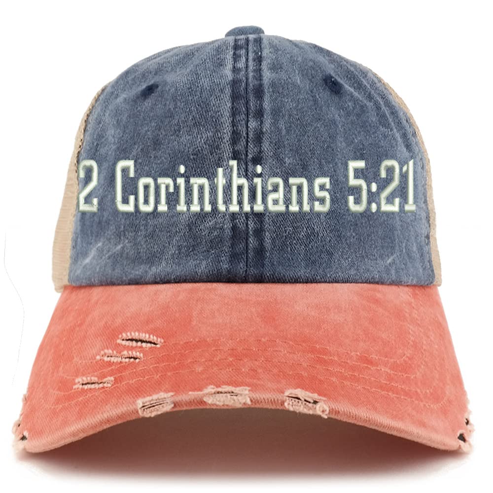 Trendy Apparel Shop 2 Corinthians 5:21 Frayed Bill Trucker Mesh Back Cap