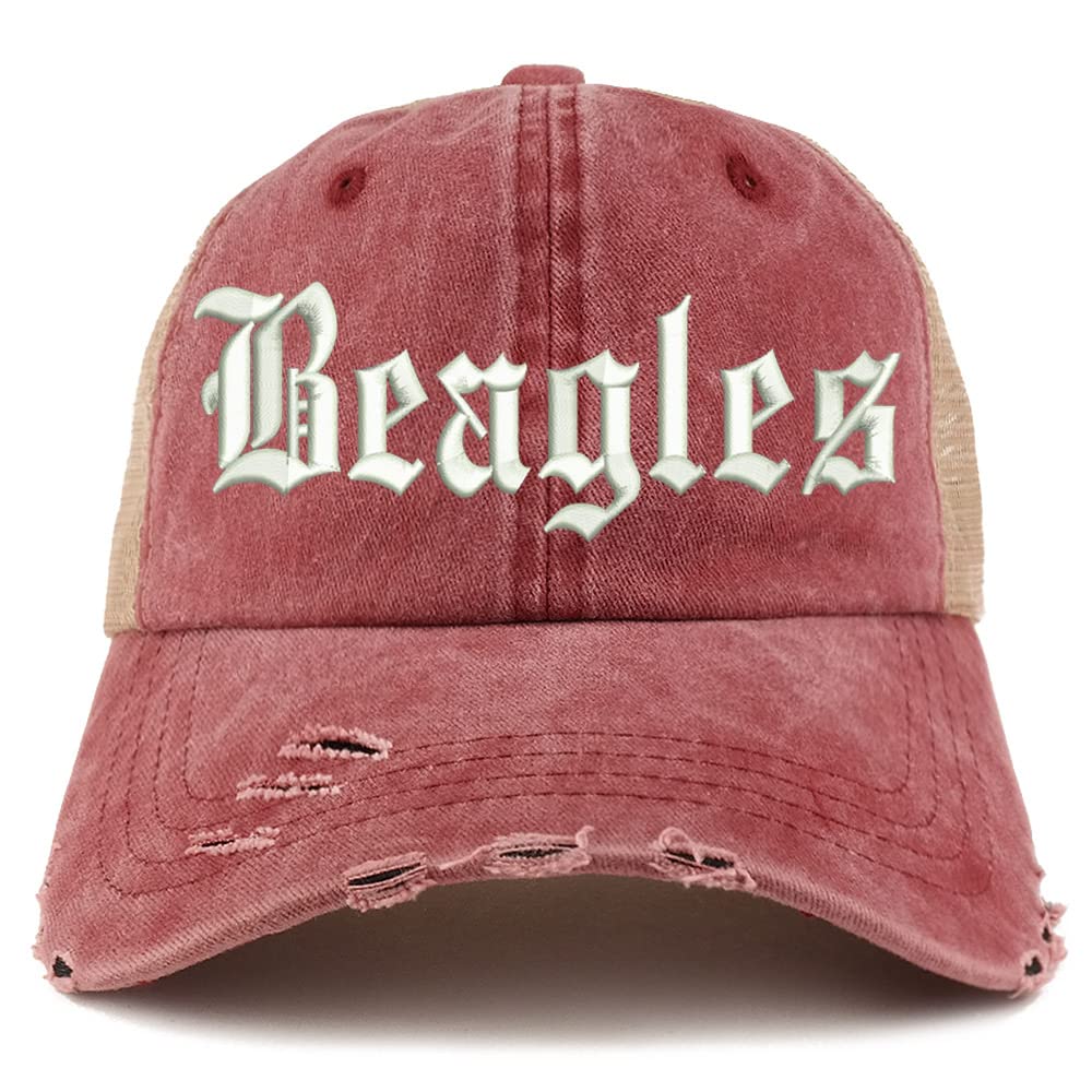 Trendy Apparel Shop Old English Beagles Frayed Bill Trucker Mesh Back Cap