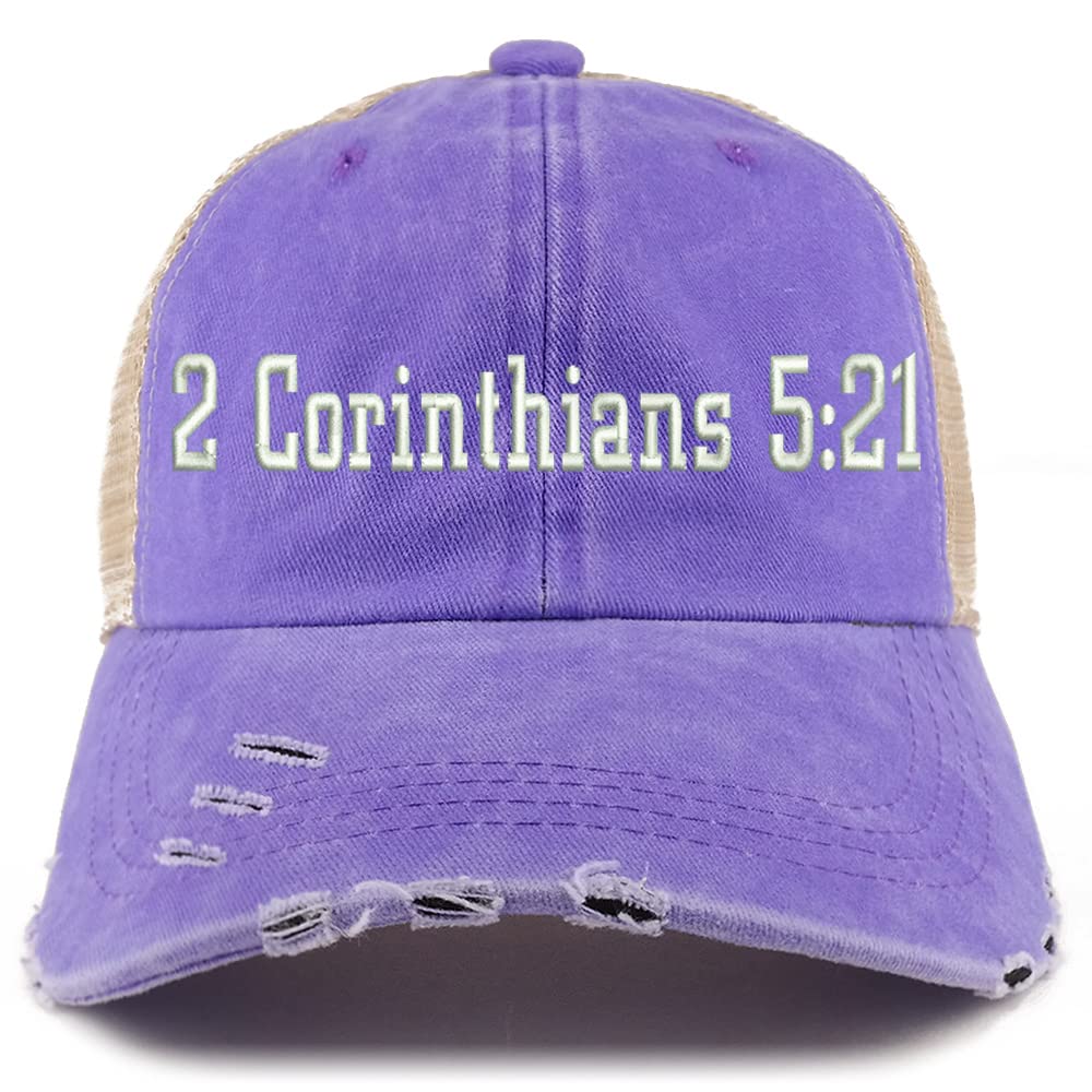 Trendy Apparel Shop 2 Corinthians 5:21 Frayed Bill Trucker Mesh Back Cap