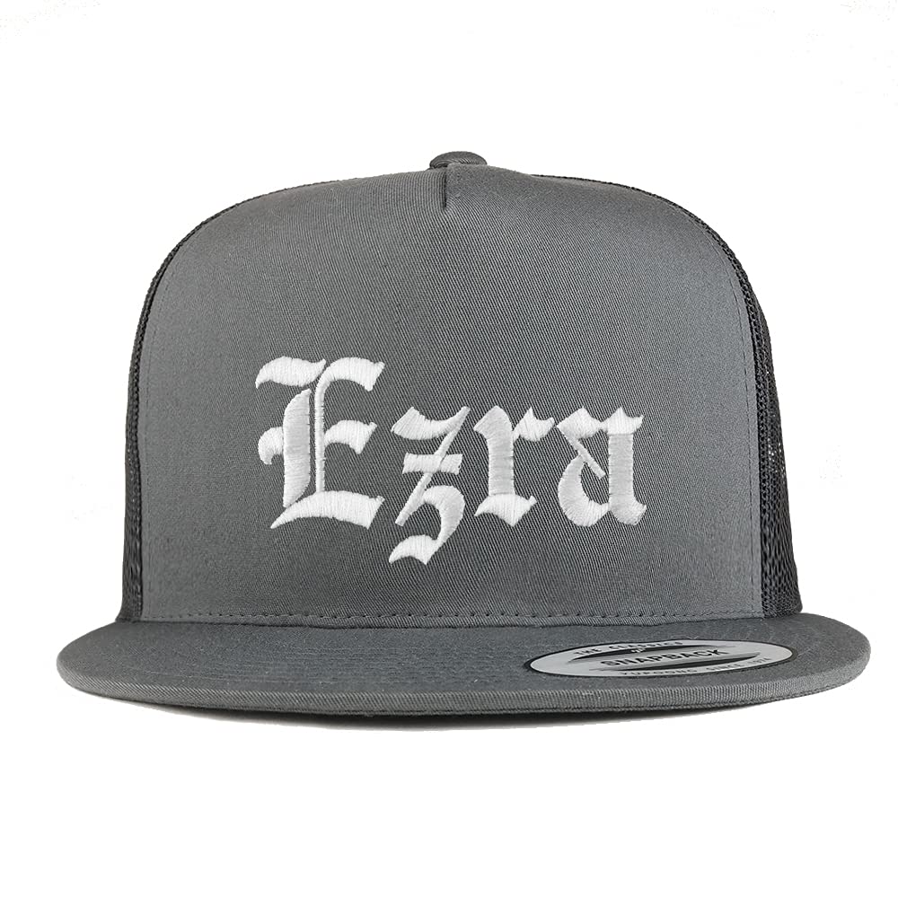 Trendy Apparel Shop Ezra Old English 5 Panel Flatbill Trucker Cap