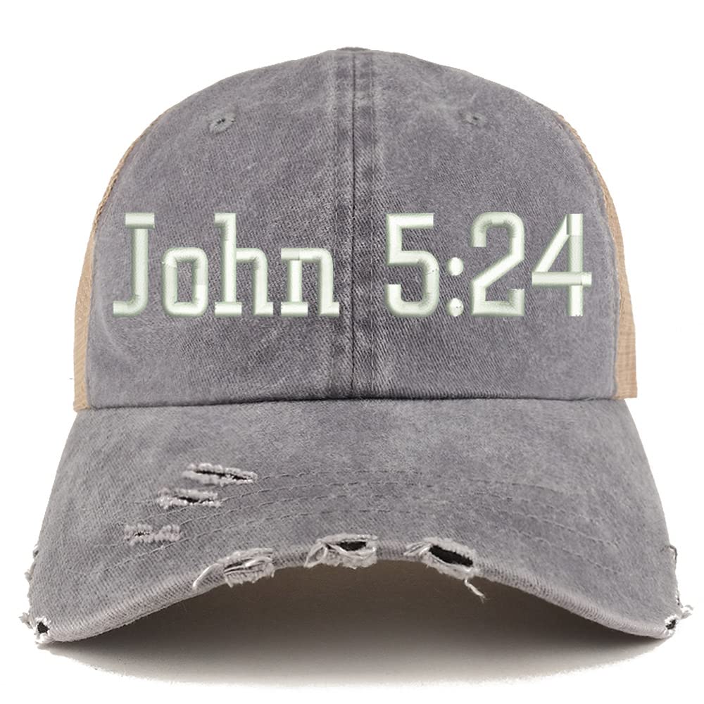 Trendy Apparel Shop John 5:24 Frayed Bill Trucker Mesh Back Cap