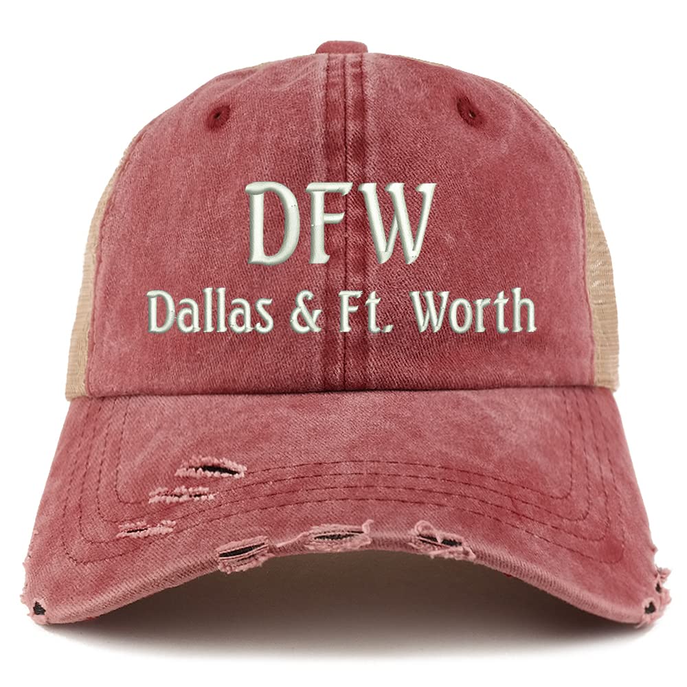 Trendy Apparel Shop DFW Dallas and Fort Worth Embroidered Frayed Bill Trucker Mesh Back Cap