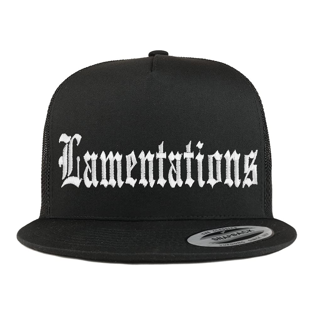 Trendy Apparel Shop Lamentations Old English 5 Panel Flatbill Trucker Cap