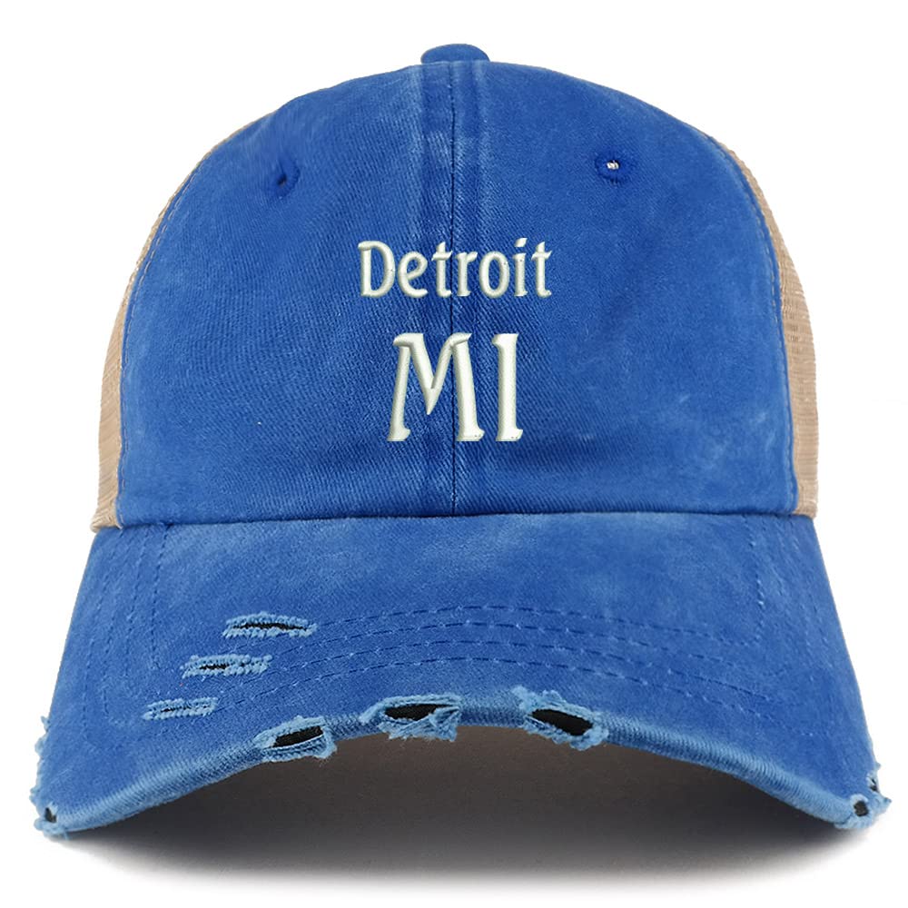 Trendy Apparel Shop Detroit MI Embroidered Frayed Bill Trucker Mesh Back Cap