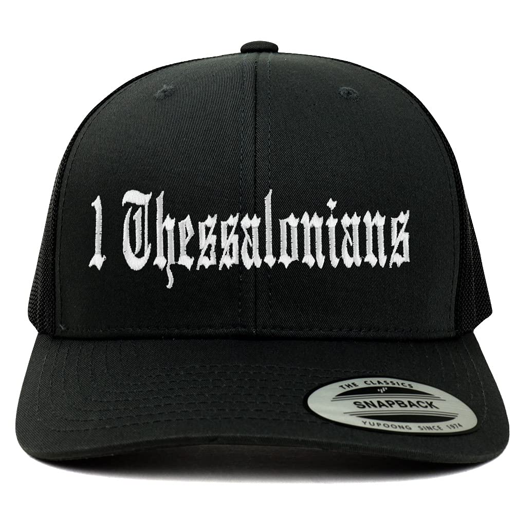 Trendy Apparel Shop 1 Thessalonians Old English 6 Panel Trucker Mesh Cap