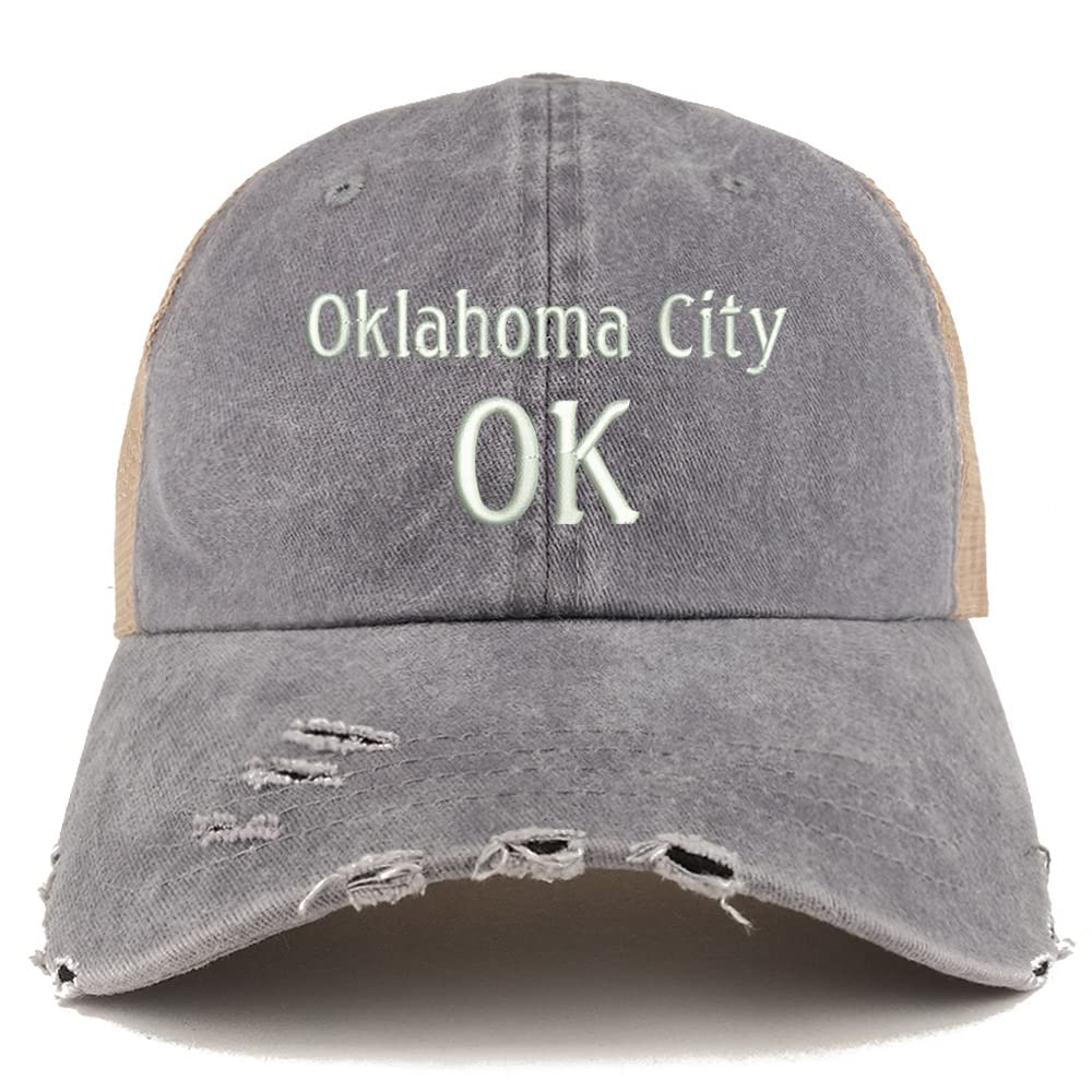 Trendy Apparel Shop Oklahoma City OK Embroidered Frayed Bill Trucker Mesh Back Cap