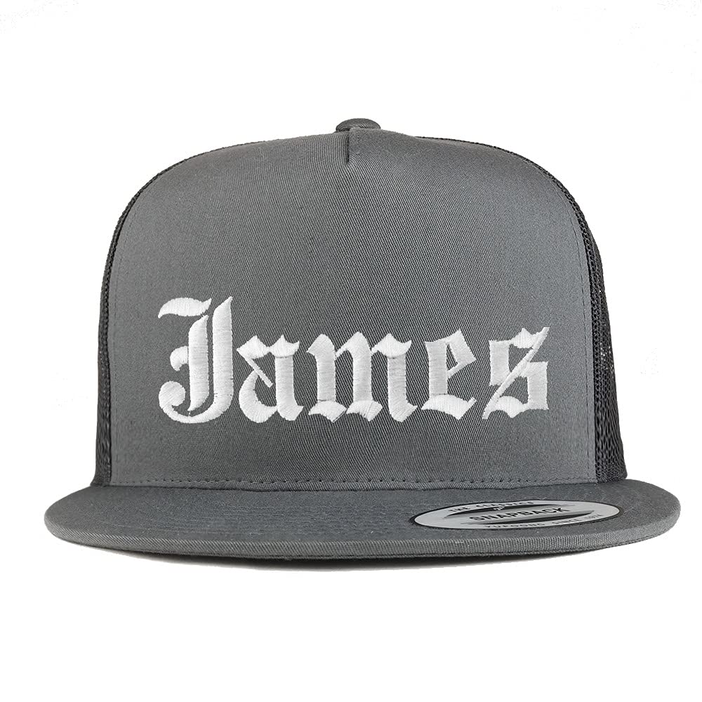 Trendy Apparel Shop James Old English 5 Panel Flatbill Trucker Cap