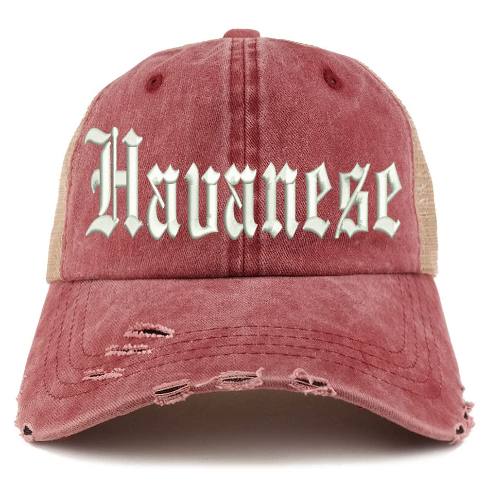 Trendy Apparel Shop Old English Havanese Frayed Bill Trucker Mesh Back Cap