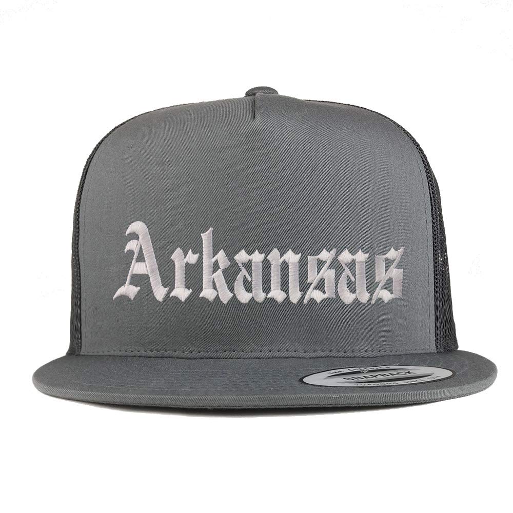 Trendy Apparel Shop Arkansas State Old English 5 Panel Flatbill Trucker Mesh Cap
