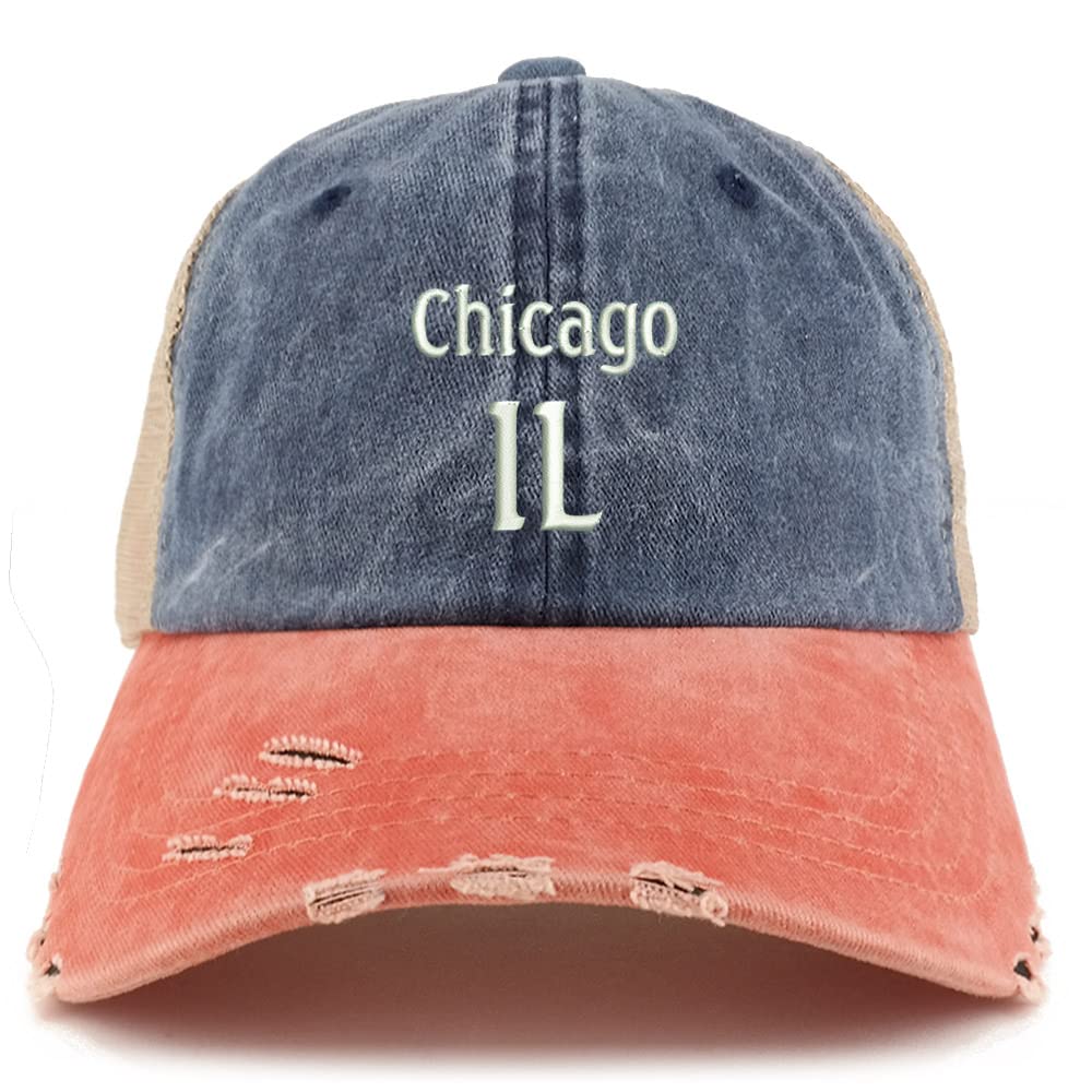 Trendy Apparel Shop Chicago IL Embroidered Frayed Bill Trucker Mesh Back Cap