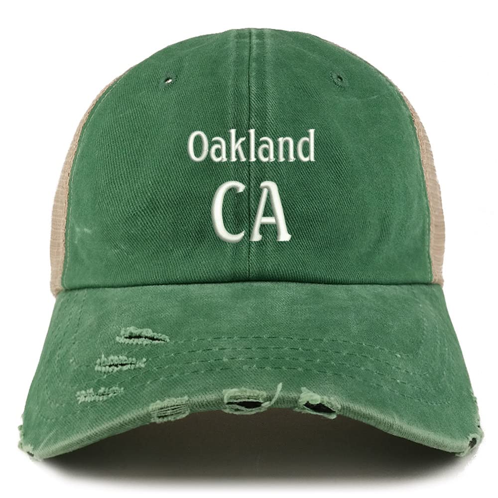 Trendy Apparel Shop Oakland CA Embroidered Frayed Bill Trucker Mesh Back Cap
