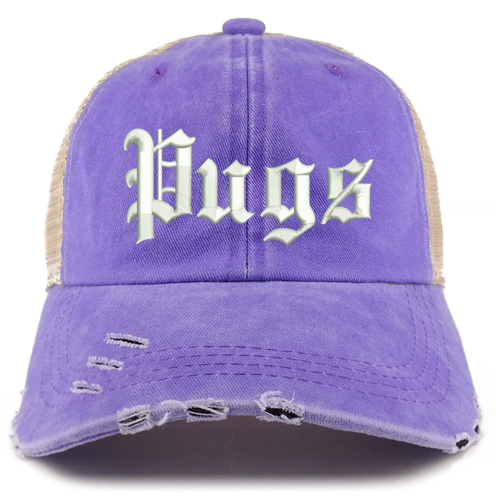 Trendy Apparel Shop Old English Pugs Frayed Bill Trucker Mesh Back Cap