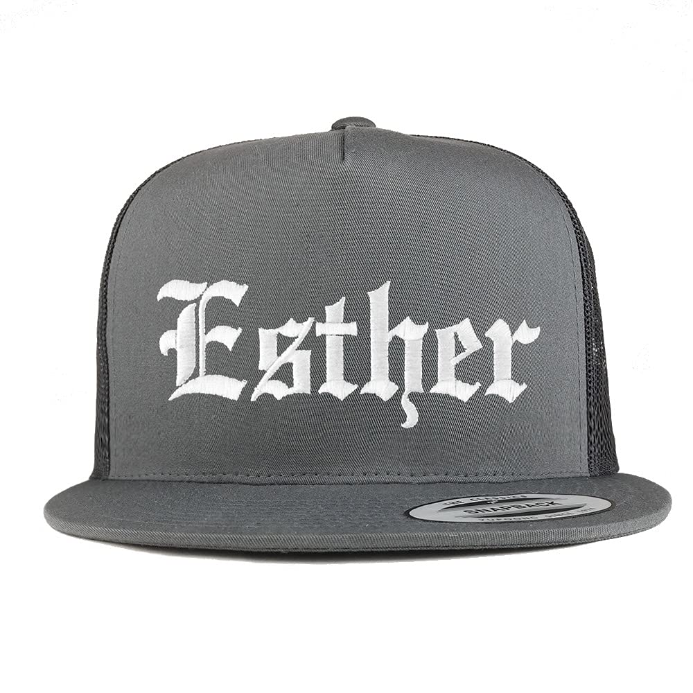 Trendy Apparel Shop Esther Old English 5 Panel Flatbill Trucker Cap