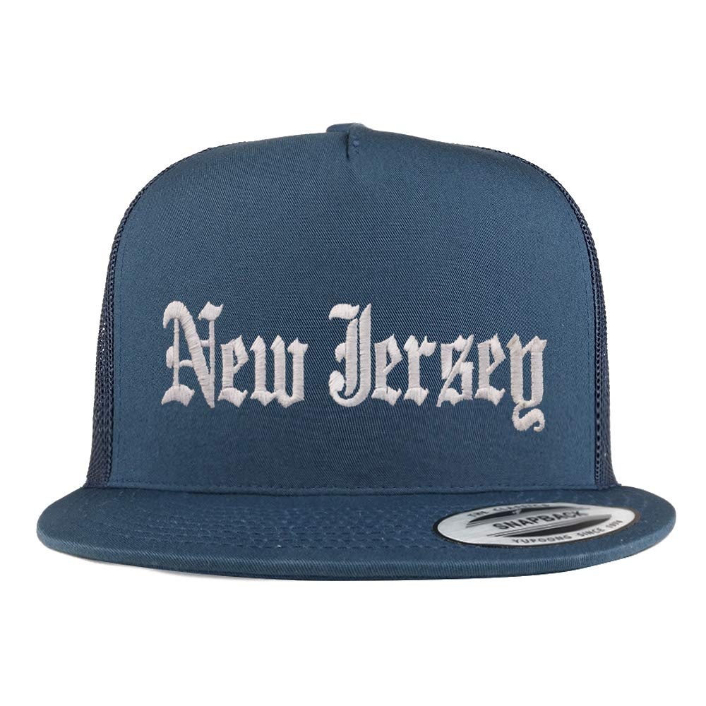 Trendy Apparel Shop New Jersey State Old English 5 Panel Flatbill Trucker Cap