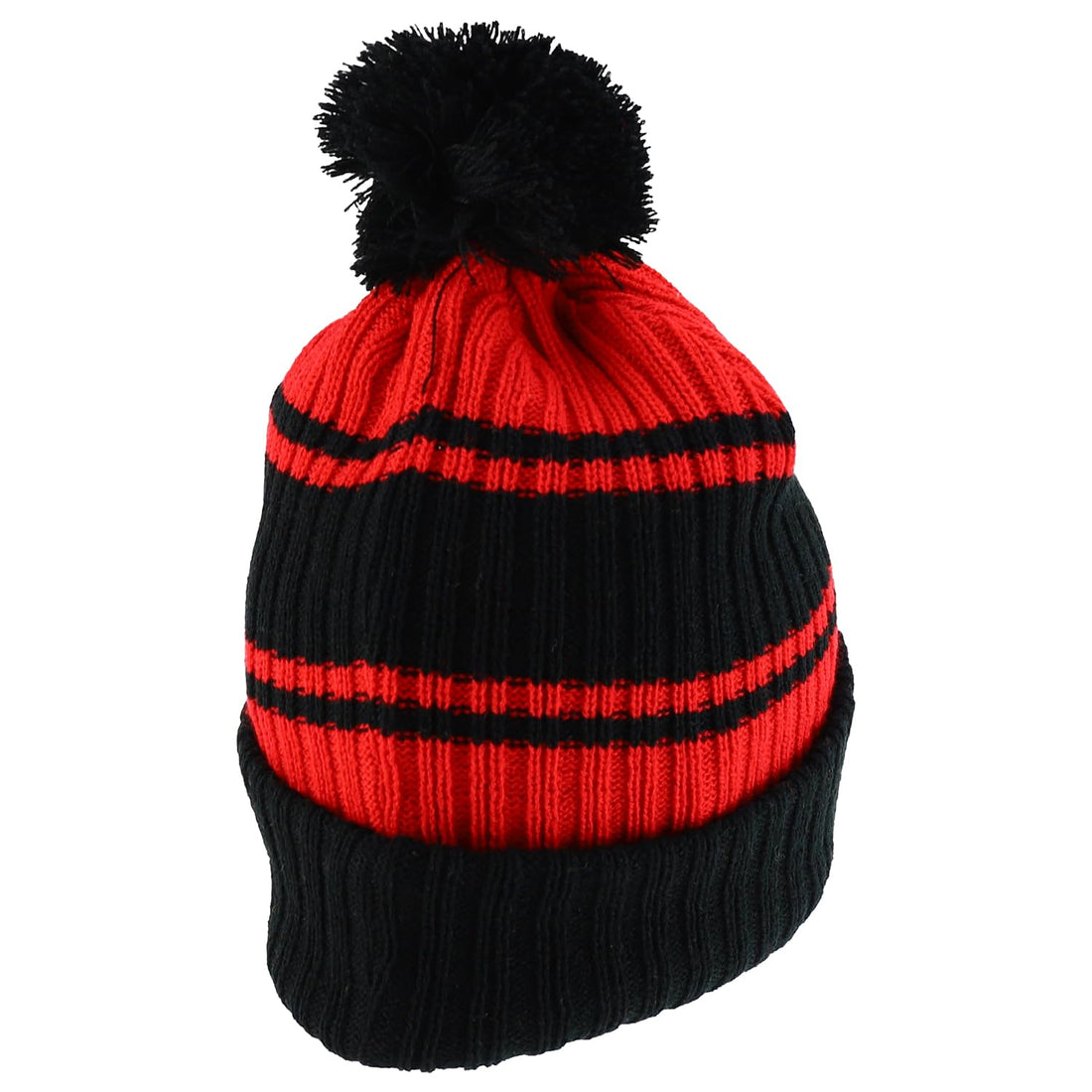 Trendy Apparel Shop Stripe Pattern Ribbed Knit Cuff Long Beanie with Pom Pom