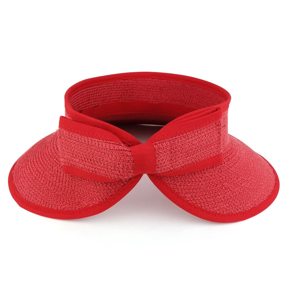Trendy Apparel Shop Womens UPF 50+ Paper Braid Rolled UV Protection Visor Hat with Bow