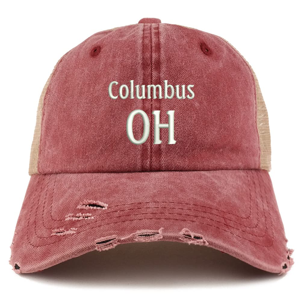 Trendy Apparel Shop Columbus OH Embroidered Frayed Bill Trucker Mesh Back Cap