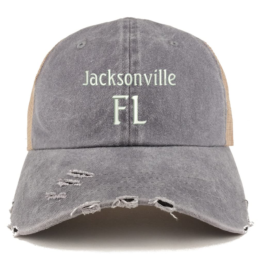 Trendy Apparel Shop Jacksonville FL Embroidered Frayed Bill Trucker Mesh Back Cap
