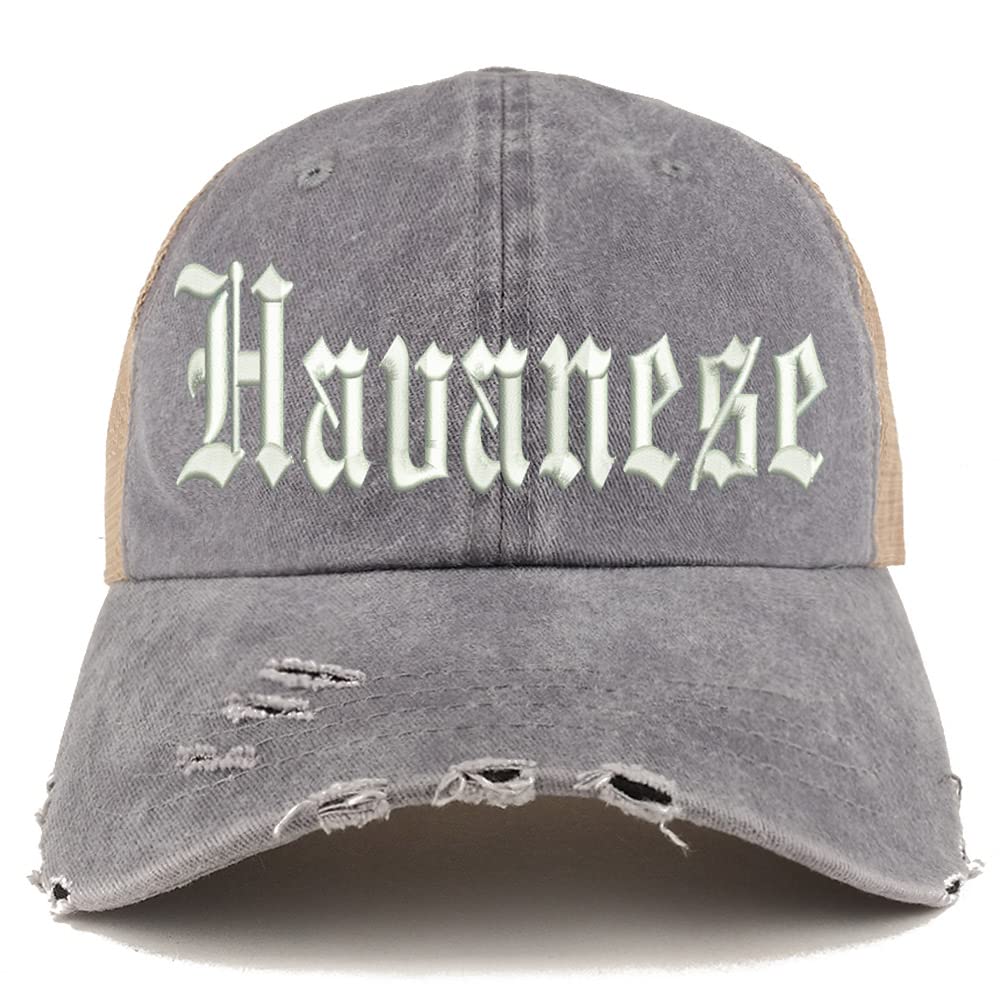 Trendy Apparel Shop Old English Havanese Frayed Bill Trucker Mesh Back Cap