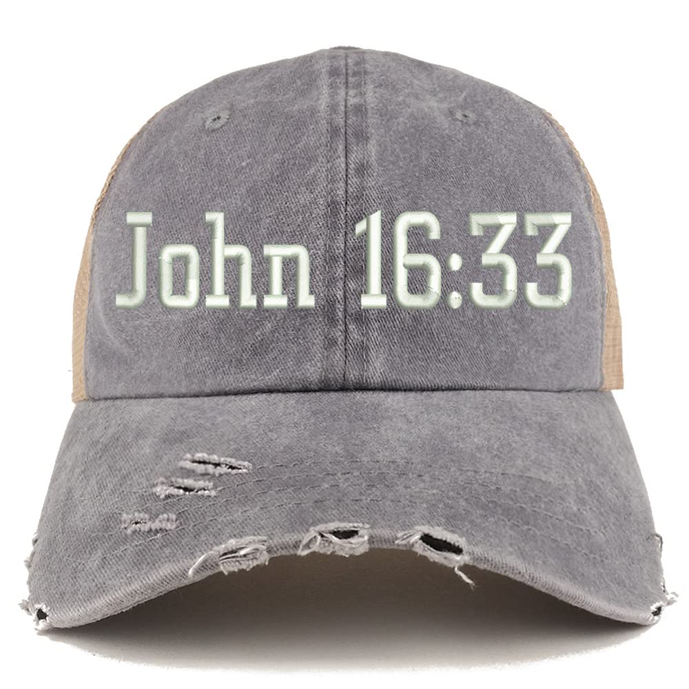 Trendy Apparel Shop John 16:33 Frayed Bill Trucker Mesh Back Cap