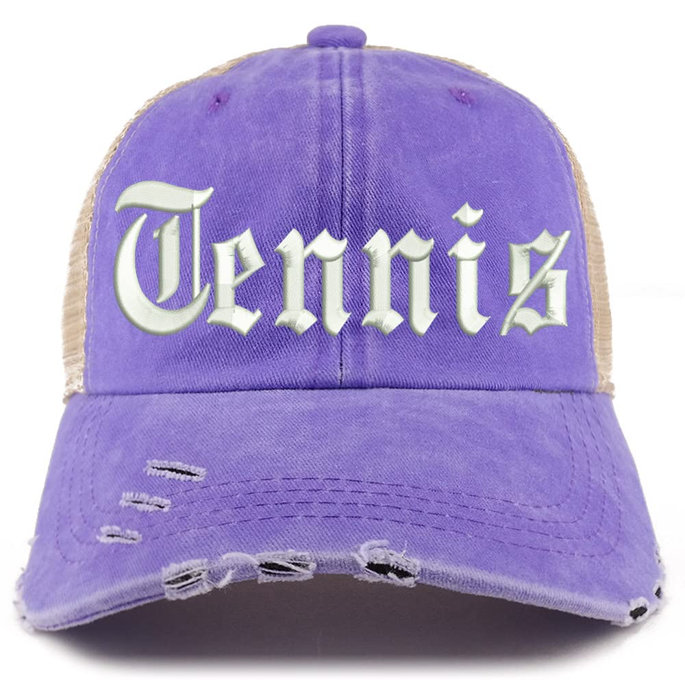 Trendy Apparel Shop Old English Tennis Frayed Bill Trucker Mesh Back Cap