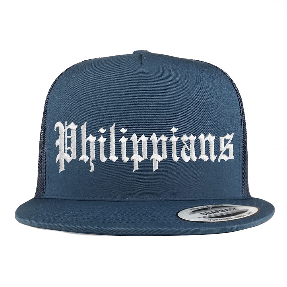 Trendy Apparel Shop Philippians Old English 5 Panel Flatbill Trucker Cap