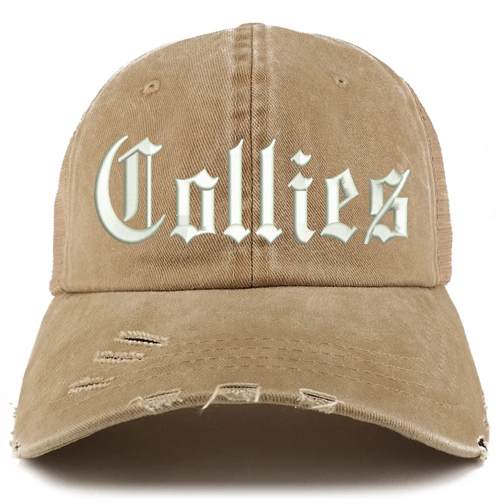 Trendy Apparel Shop Old English Collies Frayed Bill Trucker Mesh Back Cap