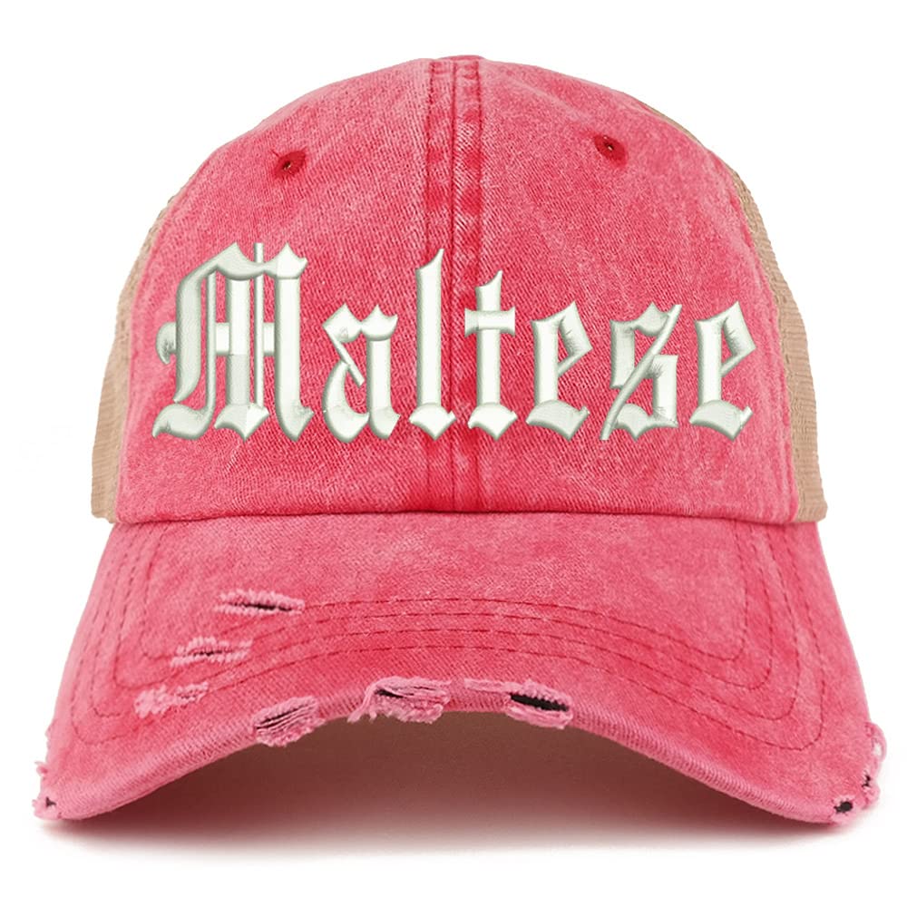 Trendy Apparel Shop Old English Maltese Frayed Bill Trucker Mesh Back Cap