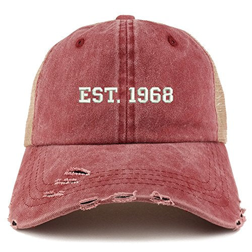 Trendy Apparel Shop EST 1968 Text 51st Birthday Embroider Frayed Trucker Mesh Back Cap