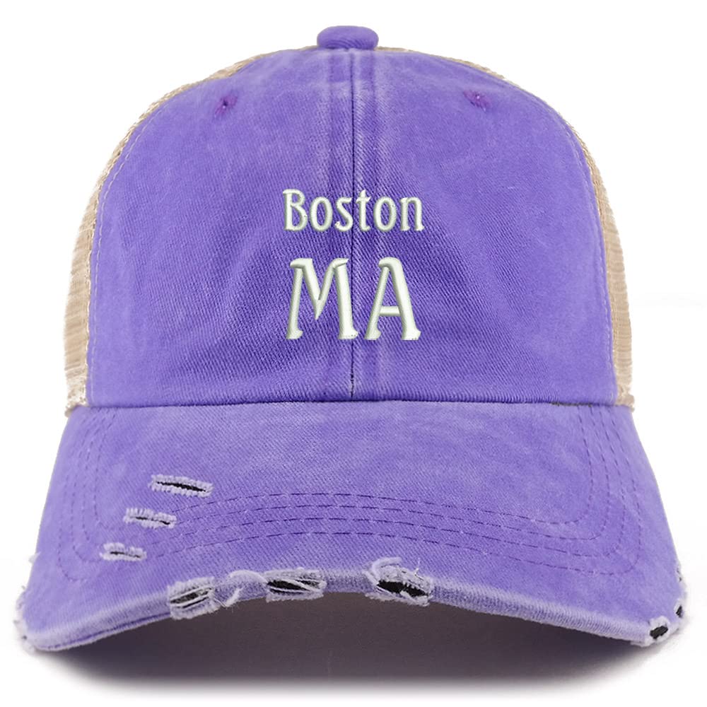 Trendy Apparel Shop Boston MA Embroidered Frayed Bill Trucker Mesh Back Cap