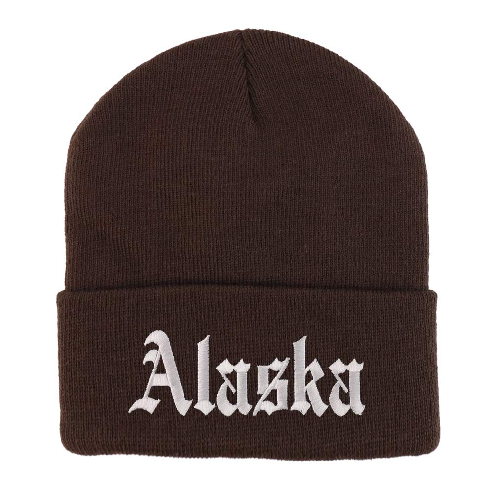 Trendy Apparel Shop Alaska State Old English Embroidered Long Cuff Beanie