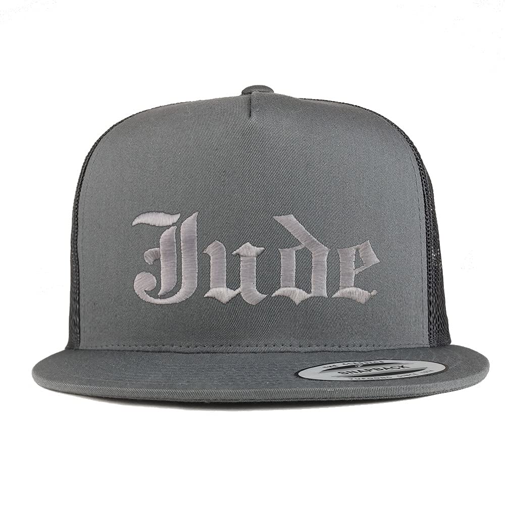 Trendy Apparel Shop Jude Old English 5 Panel Flatbill Trucker Cap