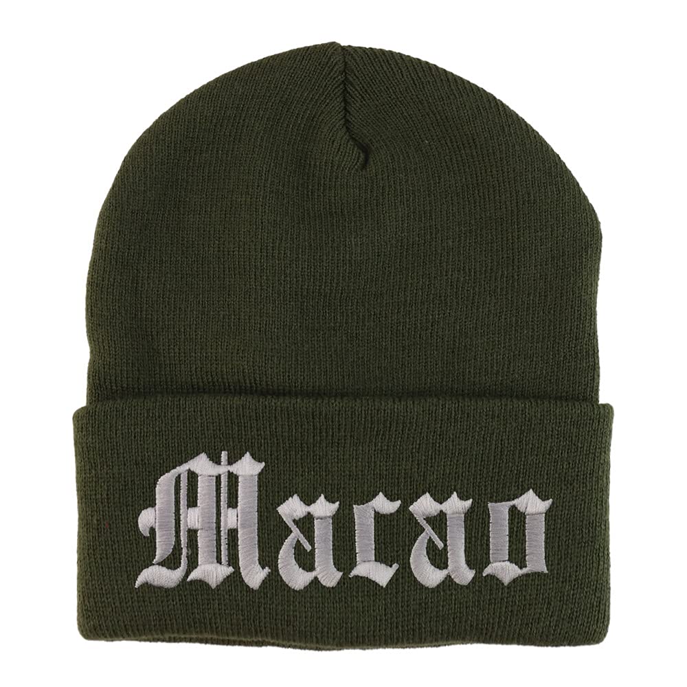 Trendy Apparel Shop Macao Old English Embroidered Long Cuff Beanie