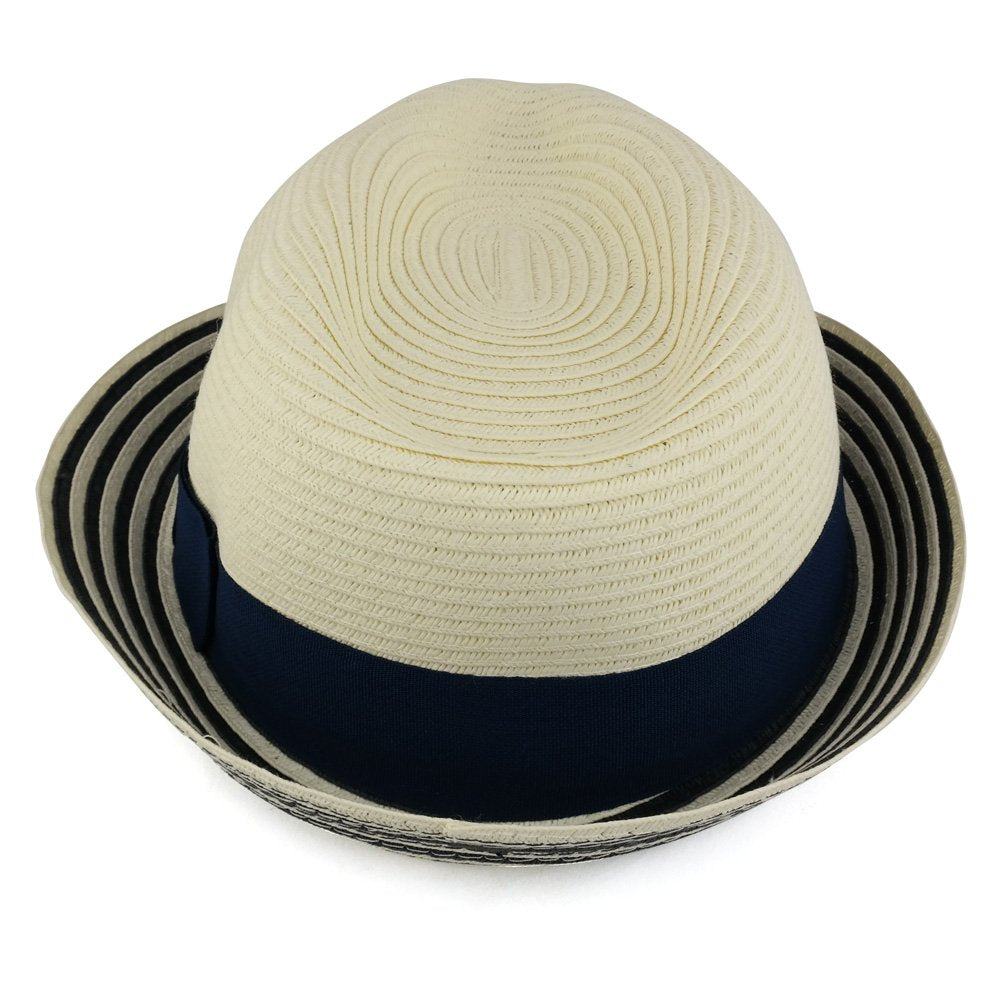 Trendy Apparel Shop Ladies Stylish Striped Brim Paper Braid Fedora with Hat Band