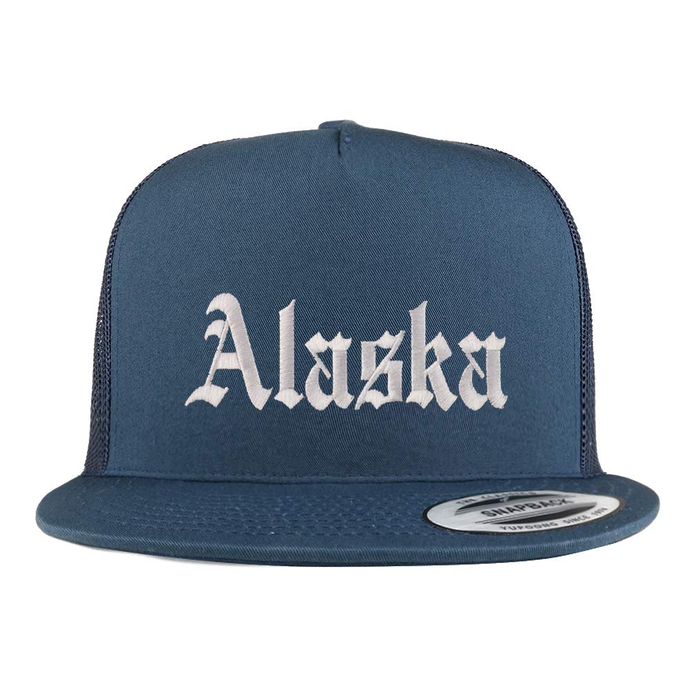 Trendy Apparel Shop Alaska State Old English 5 Panel Flatbill Trucker Mesh Cap