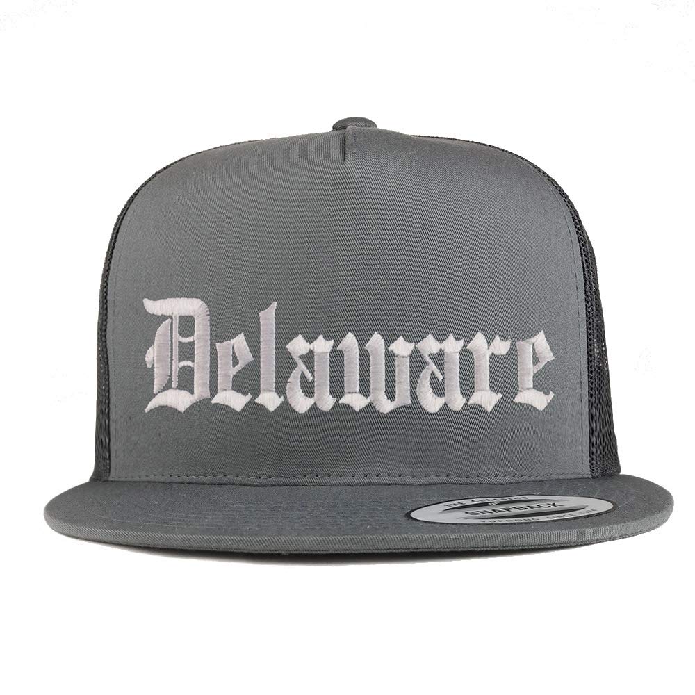 Trendy Apparel Shop Delaware State Old English 5 Panel Flatbill Trucker Mesh Cap