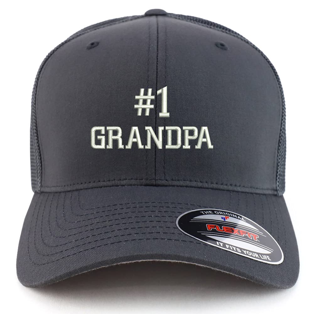 Trendy Apparel Shop Oversized XXL Number 1 Grandpa Embroiderd Structured Fitted Trucker Mesh Cap