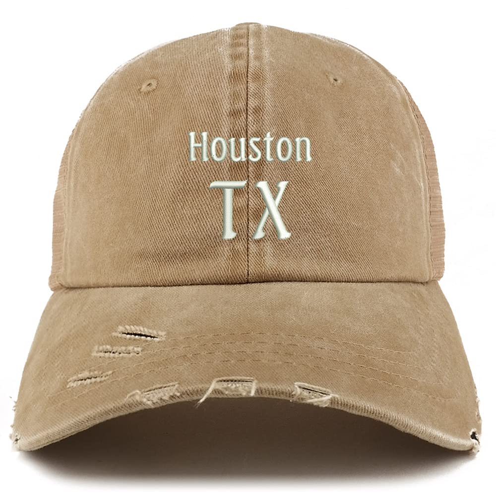 Trendy Apparel Shop Houston TX Embroidered Frayed Bill Trucker Mesh Back Cap