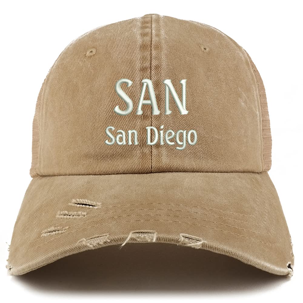 Trendy Apparel Shop SAN San Diego Embroidered Frayed Bill Trucker Mesh Back Cap