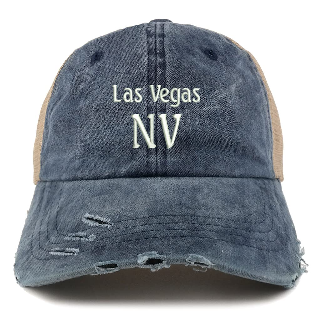 Trendy Apparel Shop Las Vegas NV Embroidered Frayed Bill Trucker Mesh Back Cap